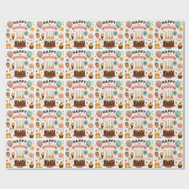 Papel De Presente Feliz Aniversário Adorável Bolo e Urso Fofo (Aberto)
