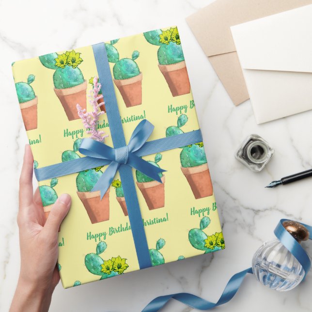 Papel De Presente Feliz Aniversário Amarelo Flor de Cactus Potado (Presentear)