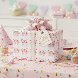 Papel De Presente Feliz Aniversário arco-íris rosa
