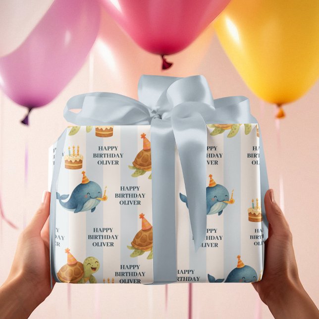 Papel De Presente Feliz Aniversário Baleia e Tartaruga | Azul náutic (Criador carregado)