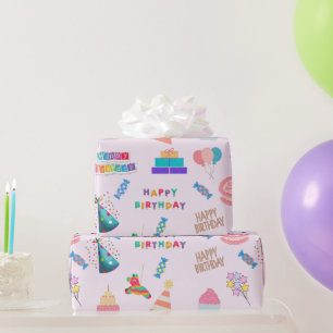 Papel De Presente Feliz Aniversário Balões, Bolos, Doces