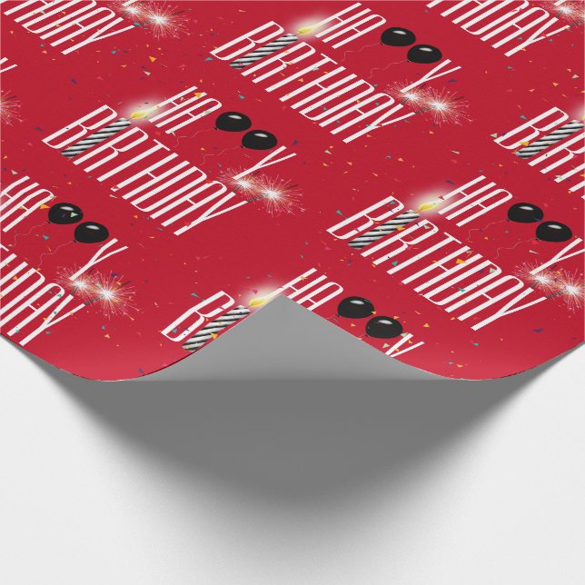 Papel De Presente Feliz aniversário Balões e Confetti em Vermelho (Ponta)