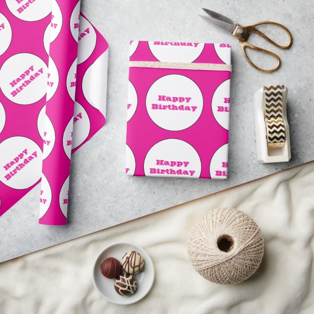 Papel De Presente Feliz aniversário, Bolinhas brancas cor-de-rosa-qu (Artesanato)