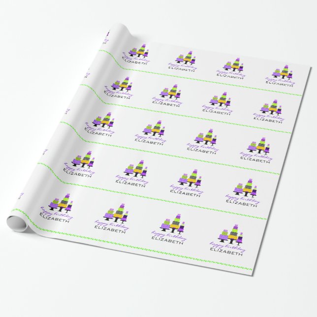 Papel De Presente Feliz aniversario Bolo-Personalizado roxo (Desenrolado)