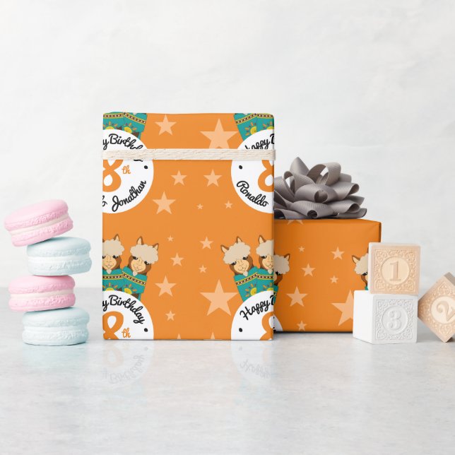 Papel De Presente Feliz Aniversário Bonito Alpacas em Serapos Teais (Chá de bebê)