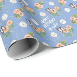Papel De Presente Feliz Aniversário Borboleta Floral Personalizada