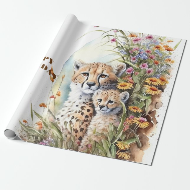 Papel De Presente Feliz aniversário Cheetah Baby e mamãe (Desenrolado)