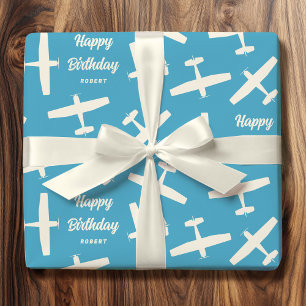 Papel De Presente Feliz Aniversário da Aeronave Retro Nome Azul