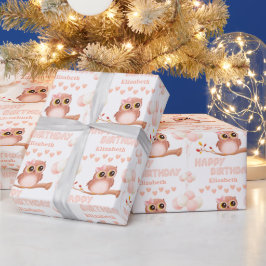 Papel De Presente Feliz Aniversário da Garota Balônica da Coruja Bon