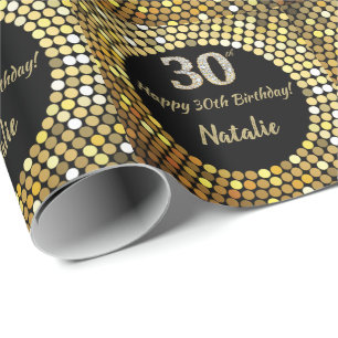 Papel De Presente Feliz aniversário de 30 anos preto e Dourado bril