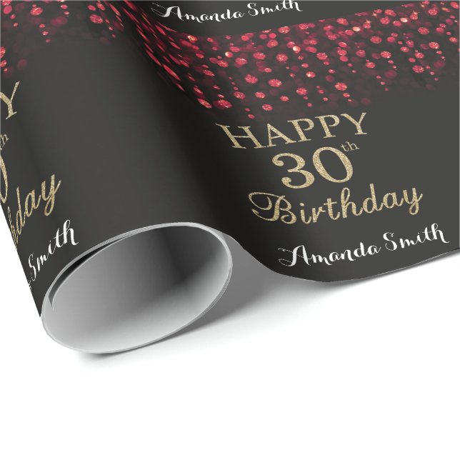 Papel De Presente Feliz aniversário de 30 anos vermelho preto e Dour (Ponta do rolo)