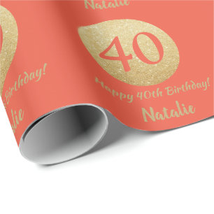 Papel De Presente Feliz aniversário de 40 anos Coral Laranja e Bril