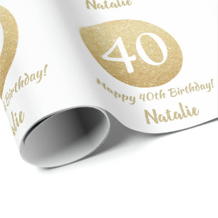 Papel De Presente Feliz aniversário de 40 anos Dourado brilho e bra