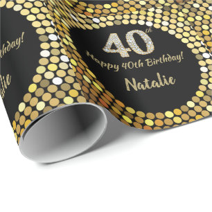 Papel De Presente Feliz aniversário de 40 anos preto e Dourado bril