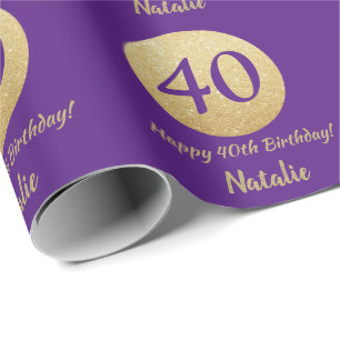 Papel De Presente Feliz aniversário de 40 anos Roxo e Glitter Dourad