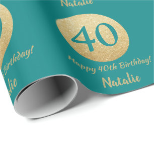 Papel De Presente Feliz aniversário de 40 anos Teal e Brilho Dourad