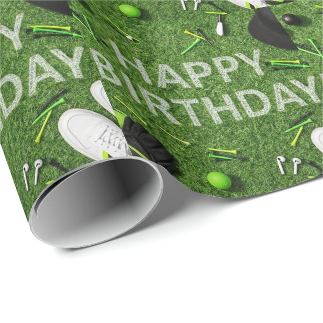 Papel De Presente Feliz aniversário de golfe com coisas de golfe no  (Ponta do rolo)
