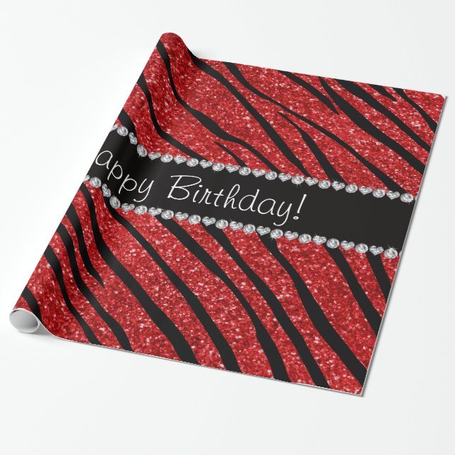 Papel De Presente Feliz aniversário de riscas de zebra vermelha (Desenrolado)