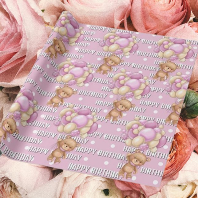 Papel De Presente feliz aniversário de ursinho rosa (Transform your gifts with our enchanting teddy bear wrapping paper! )