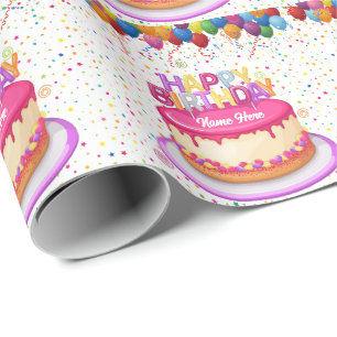 Papel De Presente Feliz aniversário do Balão de Bolo e Confetti