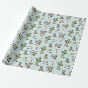 Papel De Presente Feliz Aniversário do Cactus Azul Aqua