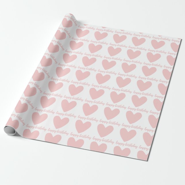 Papel De Presente Feliz Aniversário do Coração Rosa (Desenrolado)