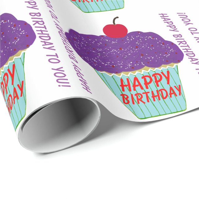 Papel De Presente Feliz aniversário do Cupcake Roxo do Glacé (Ponta do rolo)