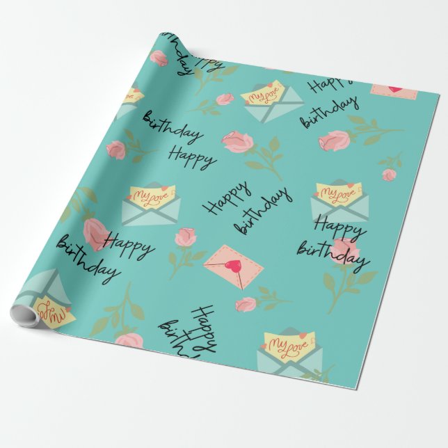 Papel De Presente Feliz aniversário do moderno azul (Desenrolado)