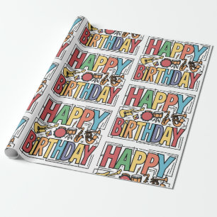 Papel De Presente Feliz Aniversário dos Instrumentos Musicais Colori