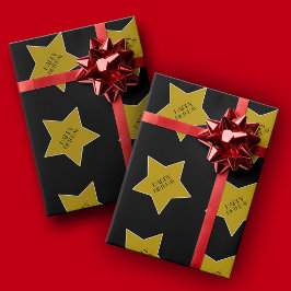Papel De Presente Feliz aniversário Dourado Estrelas Tema de Hollywo