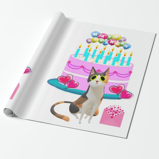 Papel De Presente Feliz Aniversário Enrolando Papel de Gata Aniversá (Desenrolado)