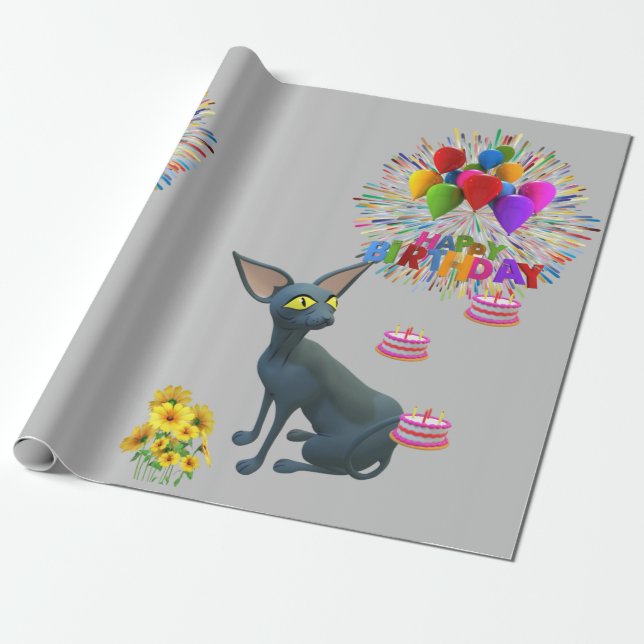 Papel De Presente Feliz Aniversário Enrolando Papel de Gata Aniversá (Desenrolado)