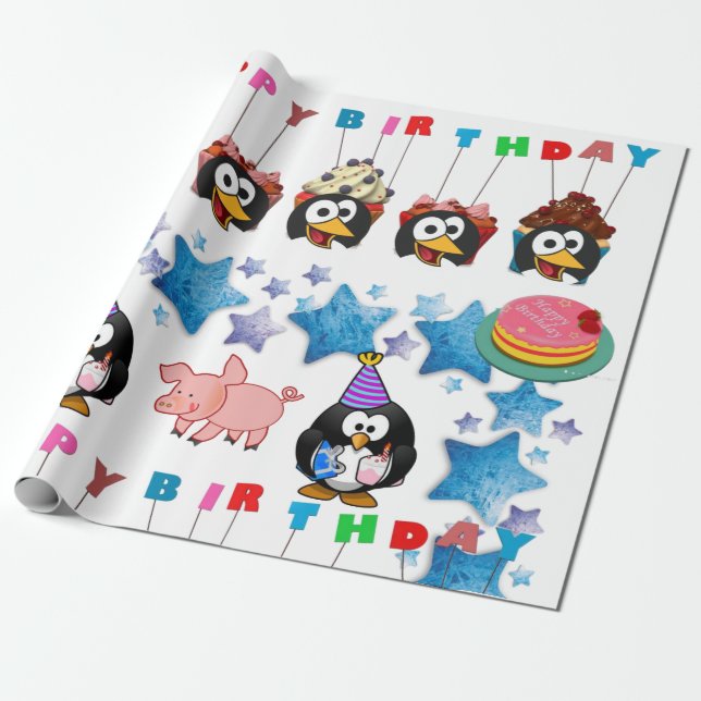 Papel De Presente Feliz Aniversário Enrolando Pigres de Pinguim (Desenrolado)