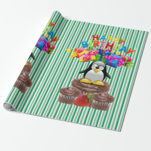 Papel De Presente Feliz Aniversário Enrolando Pinguim