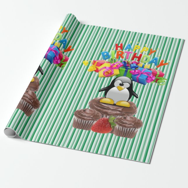 Papel De Presente Feliz Aniversário Enrolando Pinguim (Desenrolado)