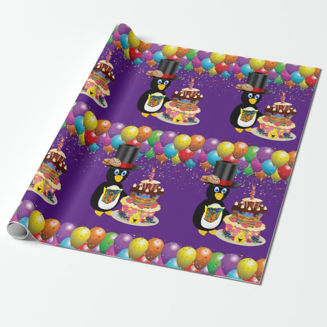 Papel De Presente Feliz Aniversário Enrolando Pinguim (Desenrolado)
