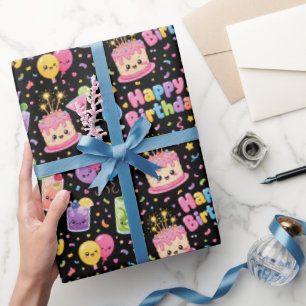 Papel De Presente Feliz Aniversário Festa de Arte Kawaii