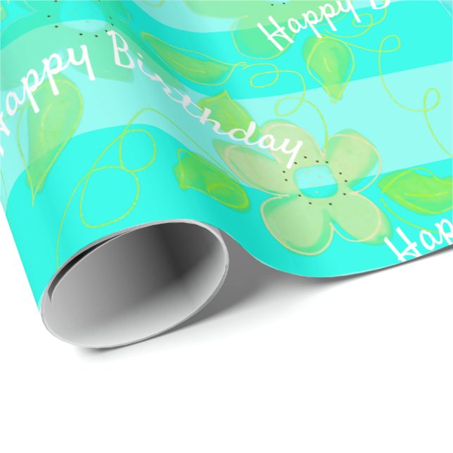 Papel De Presente Feliz Aniversário Flor, Designer Teal Wrap (Ponta do rolo)