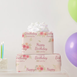 Papel De Presente Feliz Aniversário Floral em Aquarela Rosa Corado