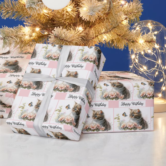 Papel De Presente Feliz Aniversário Gatinho No Jardim (Feriados)