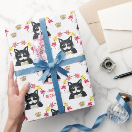 Papel De Presente Feliz Aniversário Gelado e Gatinho Negro