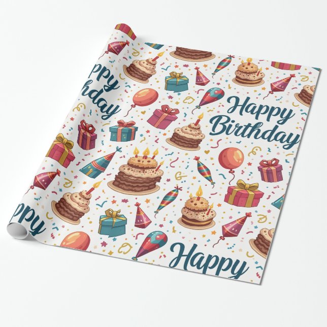 Papel De Presente Feliz Aniversário Glossy Wrappaper com balões (Desenrolado)