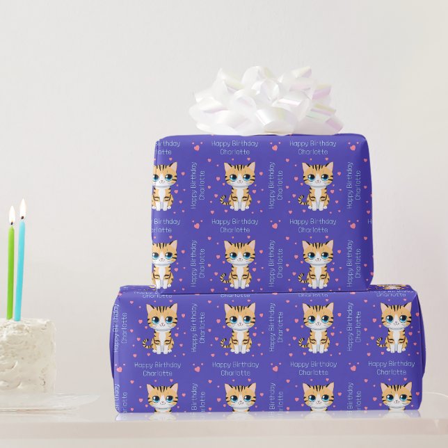 Papel De Presente Feliz Aniversário Kawaii Cat Personalizado Fragmen (Gifts Wrapped with Kitty Love! 🎁😺)