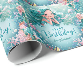 Papel De Presente Feliz Aniversário Linda Sereia Recife de Coral Sub