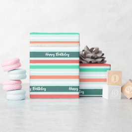 Papel De Presente Feliz Aniversário Moderno Pêssego com Listras em A