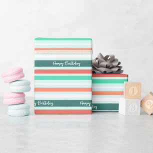 Papel De Presente Feliz Aniversário Moderno Pêssego Padrão Listrado