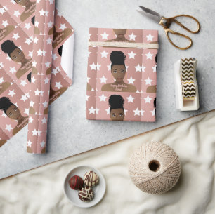 Papel De Presente Feliz aniversário! Mulher Negra, Estrelas Brancas,