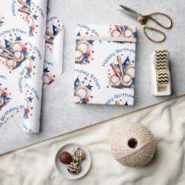 Papel De Presente Feliz Aniversário Nome Blue Red Bat Baseball