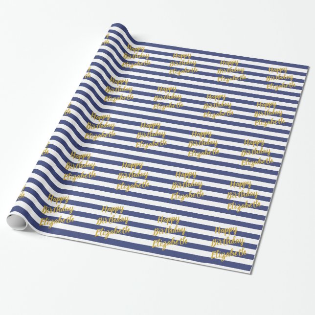 Papel De Presente Feliz Aniversário Nome Dourado Script Blue Strips (Desenrolado)