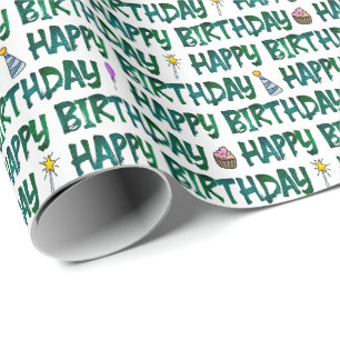 Papel De Presente Feliz Aniversário Padrão de Texto Verde Escuro